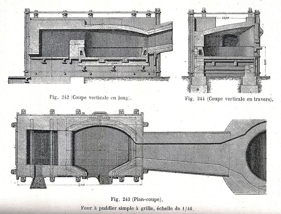 Secciones de un horno de reverbero para pudelar el hierro.