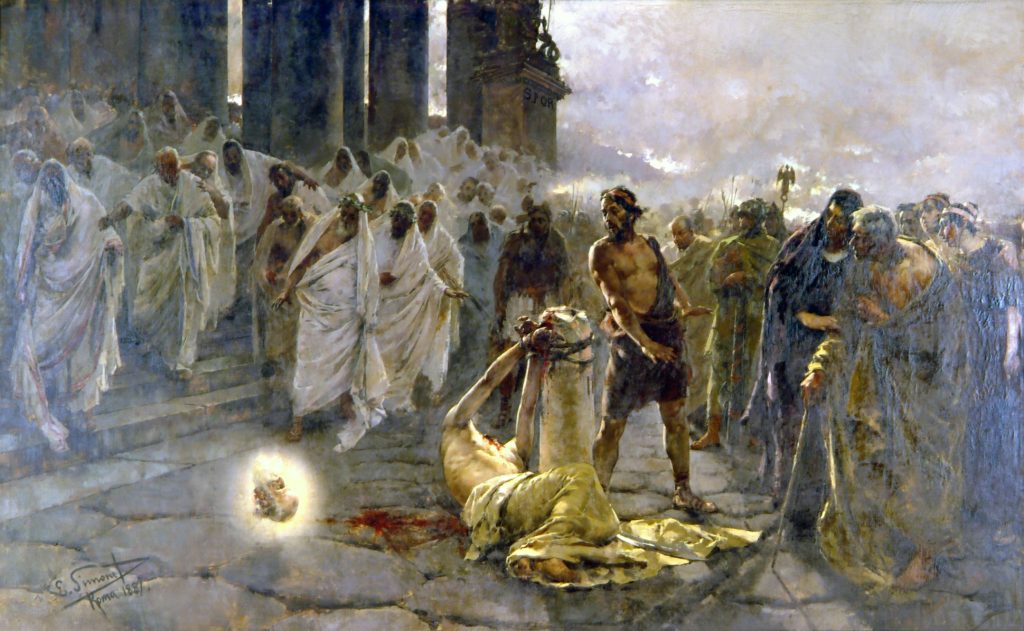 Ilustres fieles fueron ajusticiados por los romanos, como le ocurre al apóstol San Pablo en esta pintura de Enrique Simonet (1887).