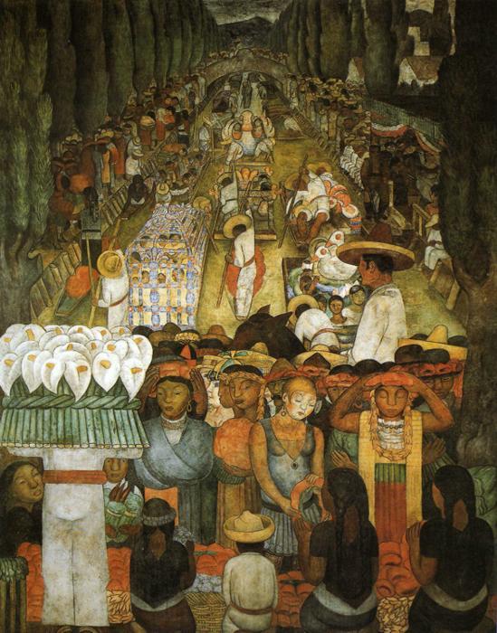 La tradición católica y los métodos de expresión latinoamericanos también encontraron lugar en la obra de grandes artistas, como en Viernes de Dolores en el Canal de Santa Anita, de Diego Rivera.